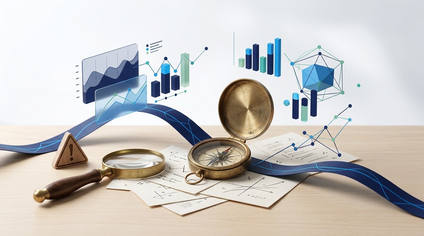 Ilustração editorial com bússola, lupa e gráficos abstratos para análise sobre marketing digital em 2026